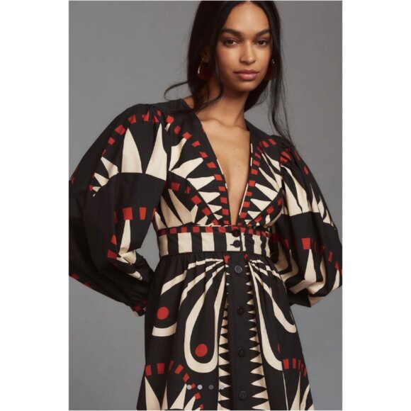 Farm Rio Coconut Grove Puff Sleeve V-Neck Maxi Dress Black Women's Size XS - Picture 4 of 9